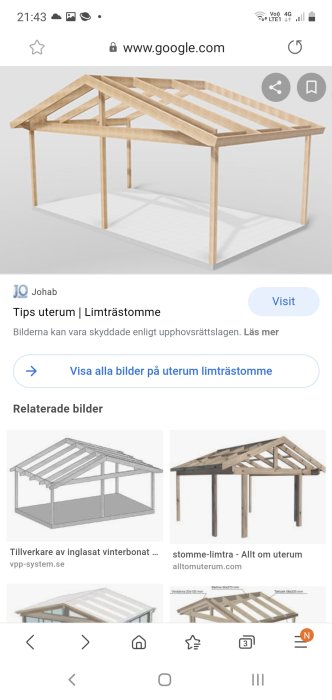 3D-modell av en altan med limträstomme och förberedelse för tak, sedd i en smartphone.