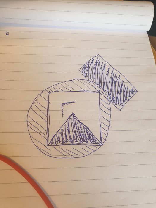 Handritad skiss av geometriska former på linjerat papper, inklusive en cirkel och trianglar.