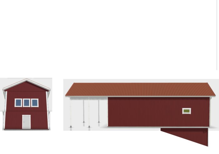 3D-modell av tvåvåningsgarage med carport och röd fasad, hög port för husbil och anslutande förråd.