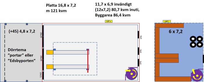 Ritning av garage med måttangivelser, platta på 121 kvm, byggyta 86,4 kvm och förslag på spiraltrappa.