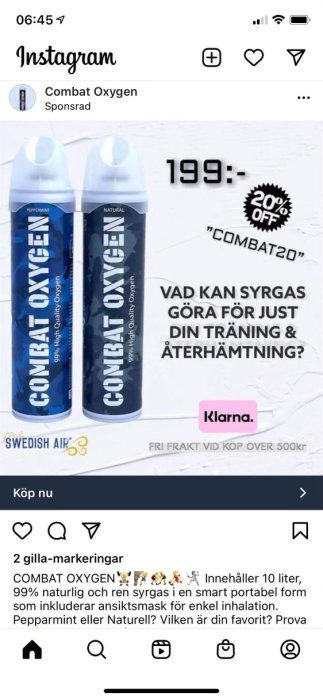 Reklambild för flaskor med Combat Oxygen, pepparmint och naturlig, för träning och återhämtning.