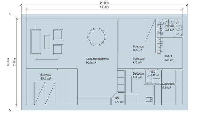 Översiktlig ritning av en omplanerad lägenhet med tydliga mått för varje rum, nya placeringar för WC, kök och sovrum.