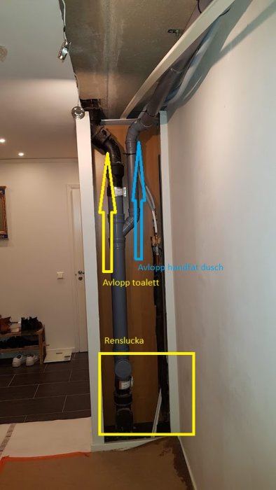 Avloppsrörsinstallation med markerade rör för toalett, handfat, dusch och renslucka i en vägg.