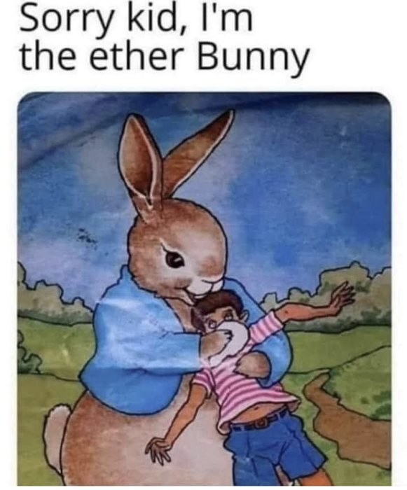 Illustration av ett stort kaninliknande varelse i blå tröja som håller en liten pojke.