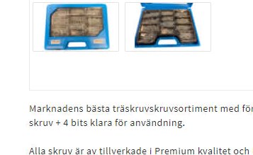 Öppen låda med träskruvar och sortimentlåda med bits bredvid text om produkternas kvalitet.