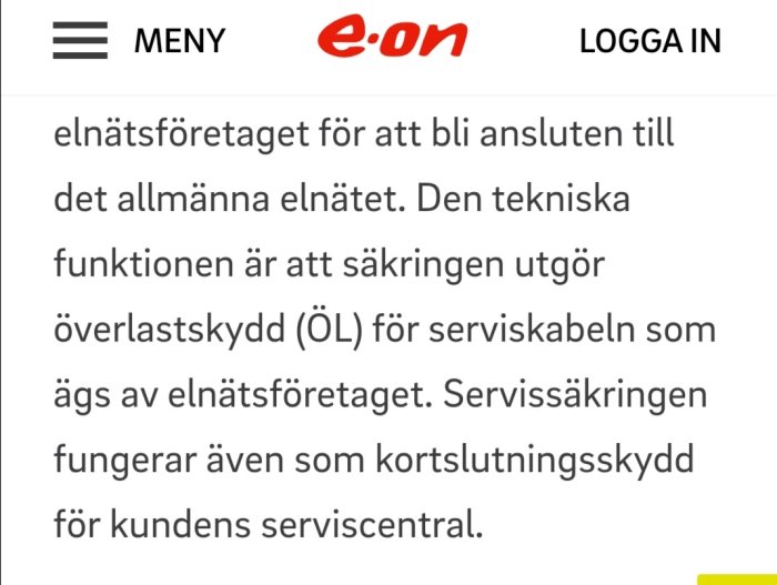 Skärmdump av en text som beskriver ägandet av serviskabel och överlastskydd fram till kundens mätare på e-on:s webbsida.