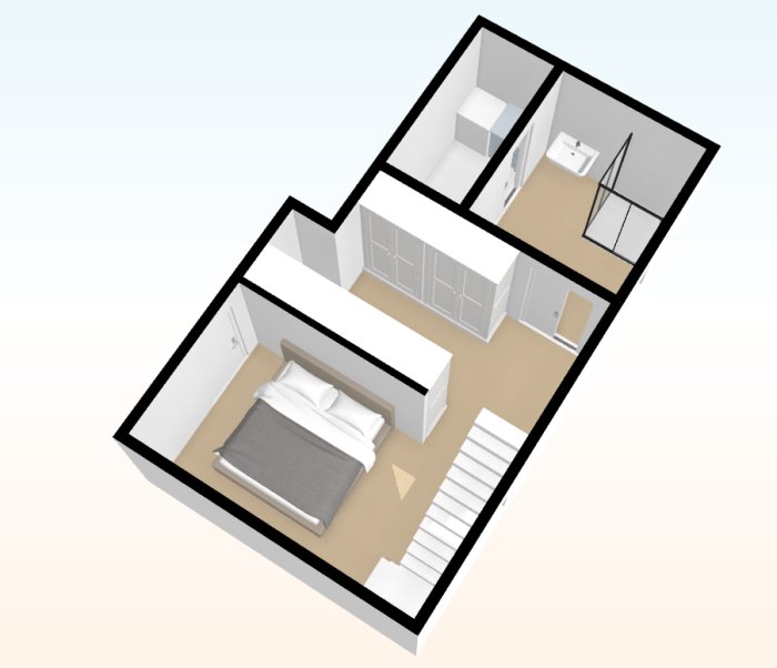 3D-ritning av en husplan med trappa, sovrum, minskat badrum och ny klädkammare.