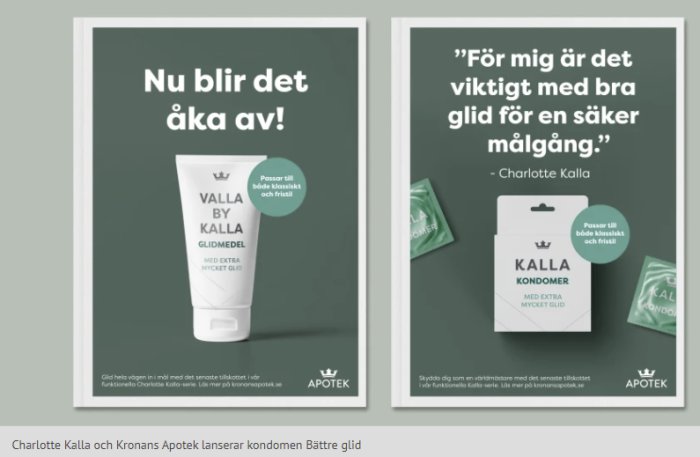 Reklamskämt för kondomer och glidmedel associerade med Charlotte Kalla, från Kronans Apotek.
