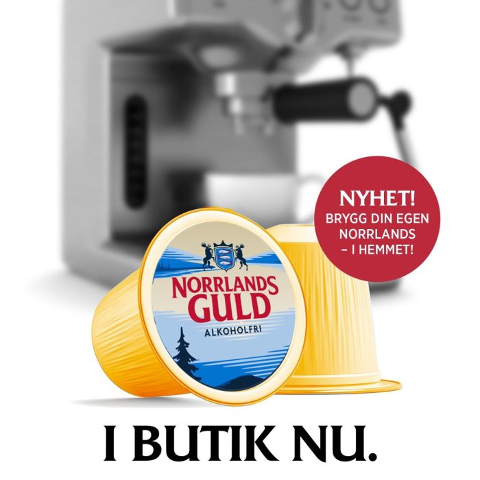 Reklambild för en produkt som heter "Norrlands Guld Alkoholfri" med texten "Brygg din egen Norrlands – i hemmet!".