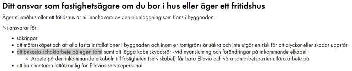 Skärmdump av Ellevios webbsida med text om fastighetsägares ansvar för elinstallationer.