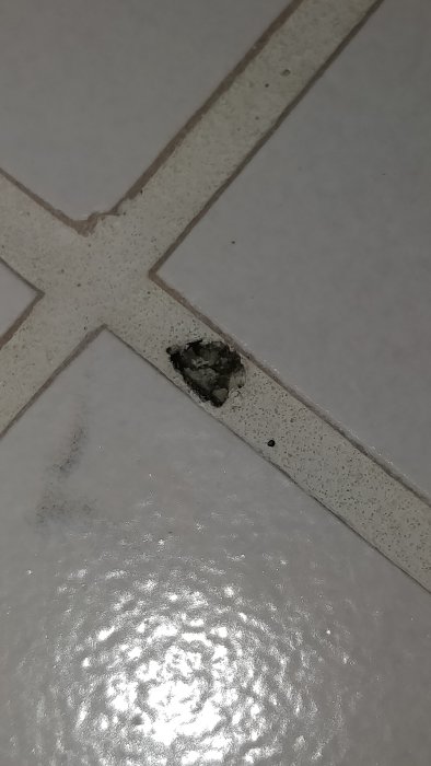 Hål i badrumsgolvfog mellan kakelplattor där fogen verkar ha kollapsat.