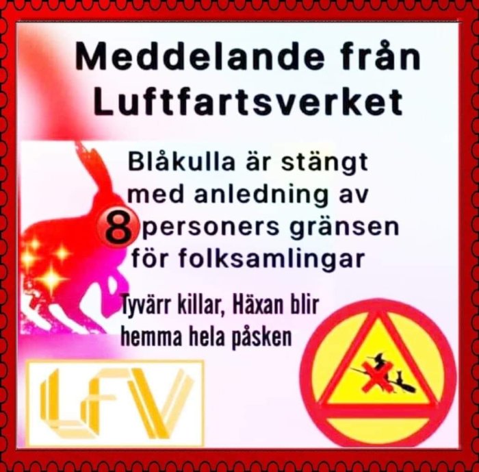 Humoristisk bild med text som meddelar att Blåkulla är stängt p.g.a. gränsen för folksamlingar, med symboler och logotyp.