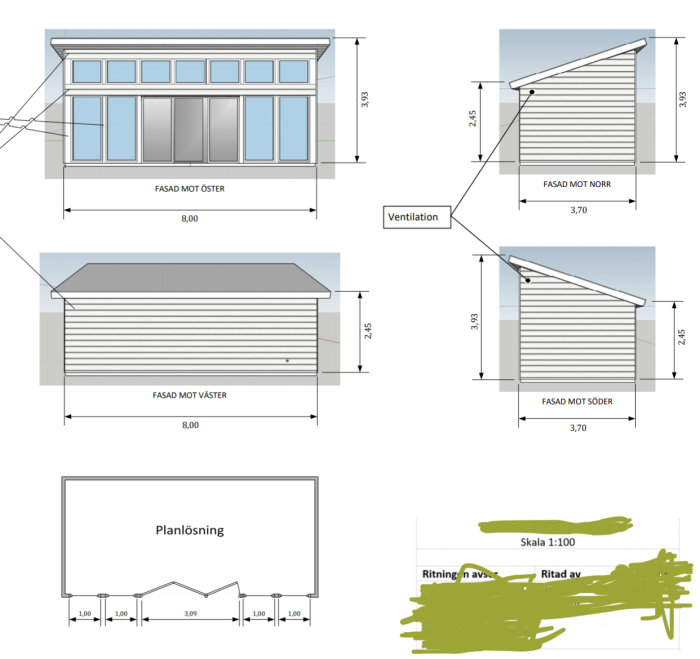 Arkitektritningar av husets fasader och planlösning med mått och detaljer.