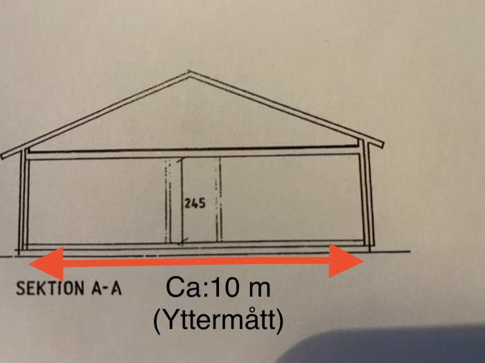 Ritning av en byggnadssektion med måttangivelser, röd pil indikerar ca 10 meter bredd.