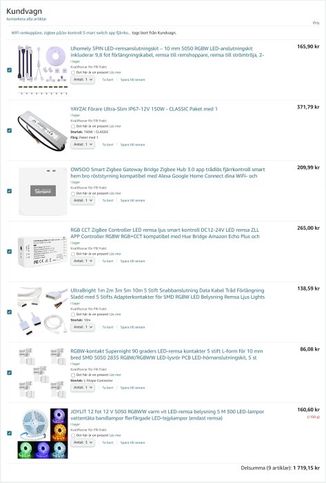 Skärmbild av en online kundvagn med olika belysningsprodukter och smarta hem-enheter.