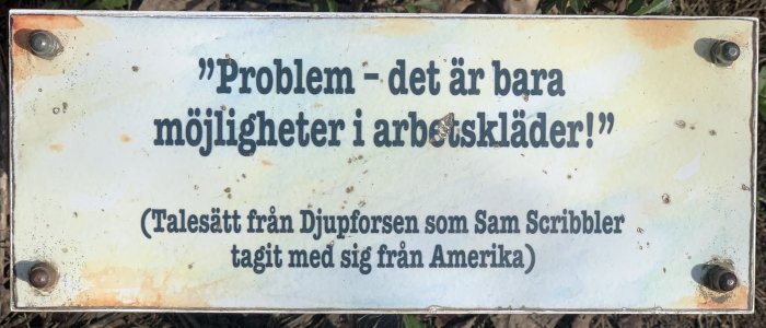 Slitet skylt med citatet "Problem - det är bara möjligheter i arbetskläder!" mot suddig naturbakgrund.