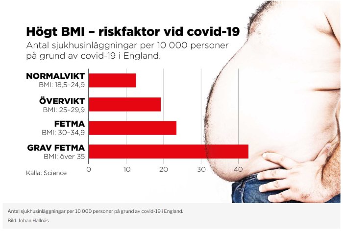 Diagram över sjukhusinläggningar per BMI-kategori vid covid-19 med foto av buk.
