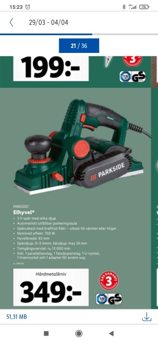 Elhyvel från Parkside med produktinformation och pris på reklamblad.