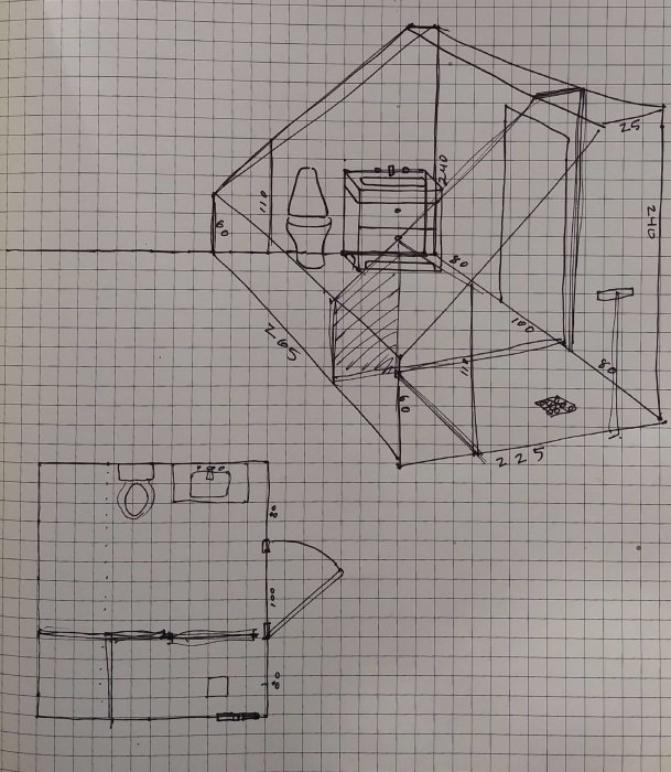 Handritad skiss över badrumsplanering med måttangivelser och inredning.