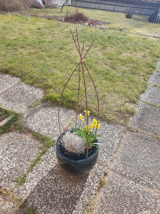 Hemmagjord spaljé av grenar i kruka med gula blommor och silverfärgad dekor på en tegelstensbelagd trapp.