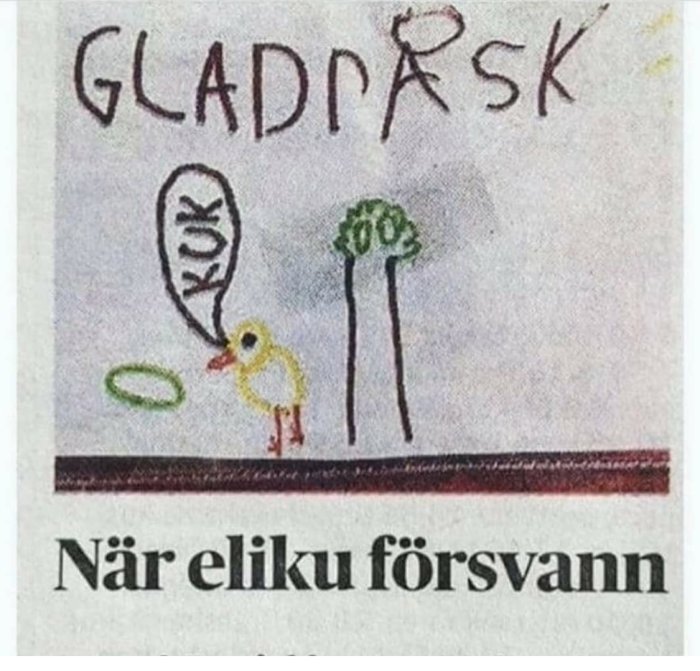 Tecknad bild på en kyckling som tittar på en matad tallrik, texten "GLAD PÅSK" ovanför och "När eliku försvann" nedanför.