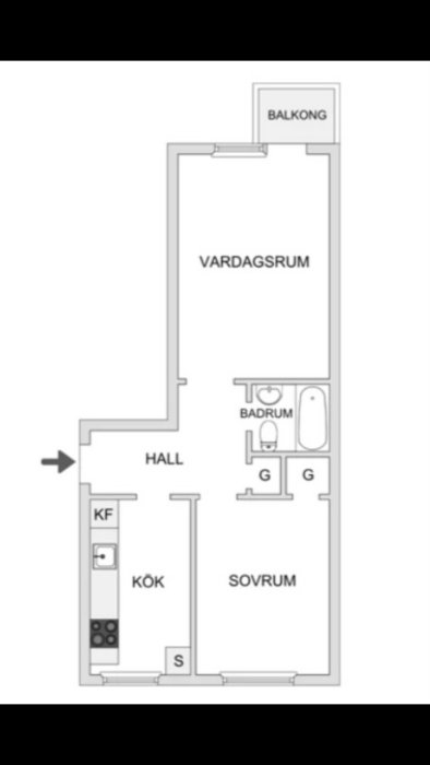 Svartvit planritning av en lägenhet med kök, hall, badrum, sovrum, vardagsrum och balkong.