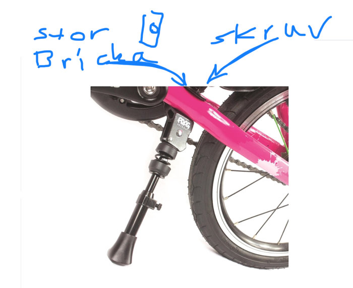 Närbild på ett simpelt monterat cykelstöd på en rosa cykel, markeringar och text pekar ut skruv och stöd.