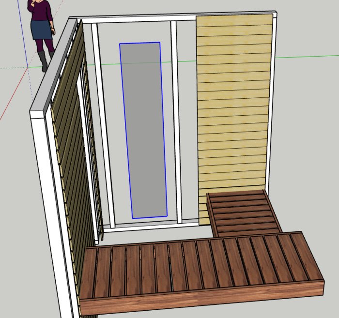 3D-Sketch av en bastu med härdat glasparti, träbänkar och vedugn.