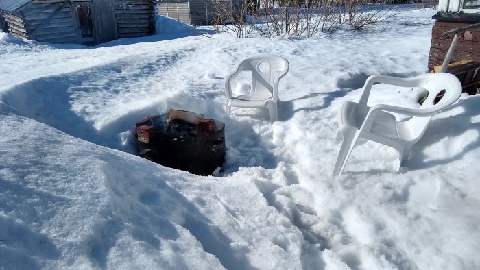 Två vita plaststolar vid en eldstad i snö med träbyggnad i bakgrunden.