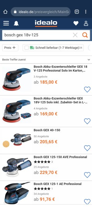 Skärmdump från Idealo med sökresultat för Bosch GEX 18V-125 slipmaskiner och priser.