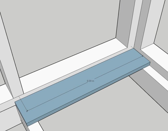 3D-ritning av ett hörn i ett rum med måttmarkerad regel som ser ut att vara felplacerad.