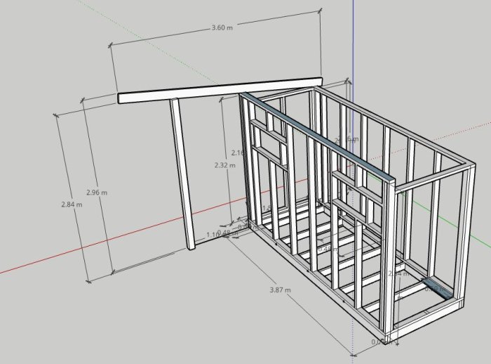 3D-ritning av ett byggprojekts skelettstruktur med måttangivelser.