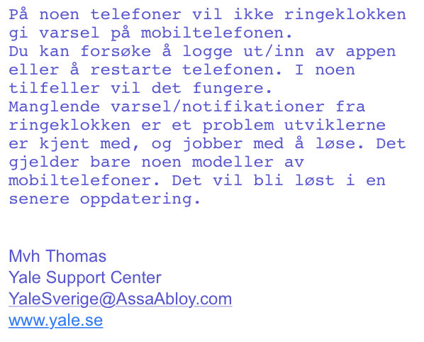 Skärmdump av ett e-postmeddelande från Yale Support Center som behandlar en fråga om aviseringar på mobiltelefoner.