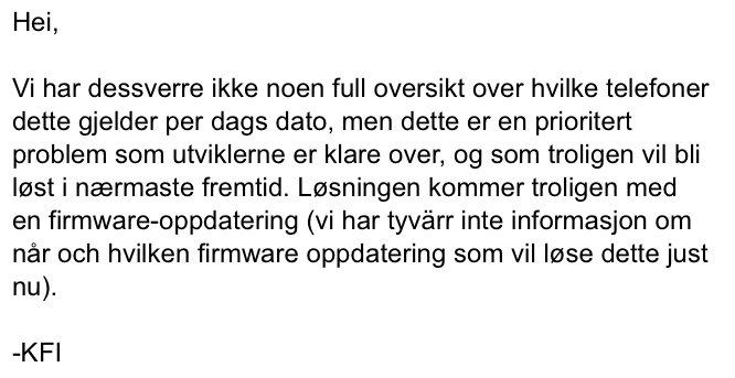 E-postmeddelande där Yale svarar om aviseringar i mobilen och nämner en framtida firmware-uppdatering.