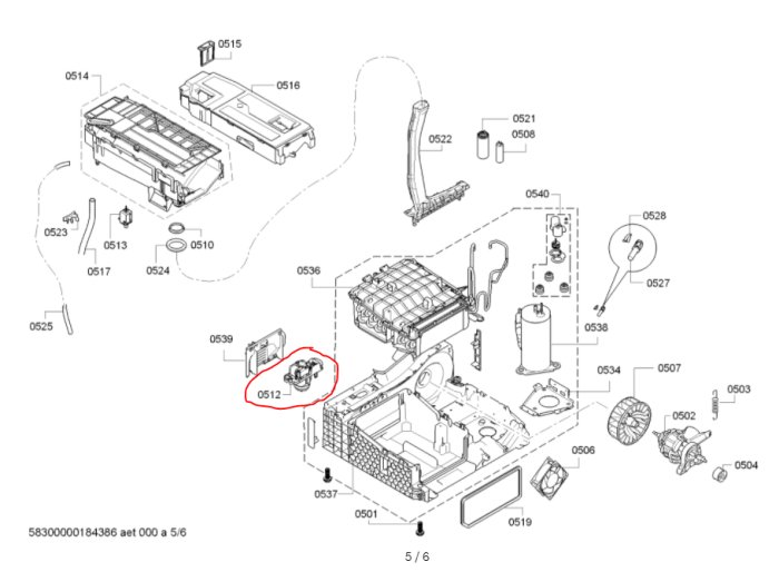 Exploded view diagram of machine parts with component 0512 circled in red.