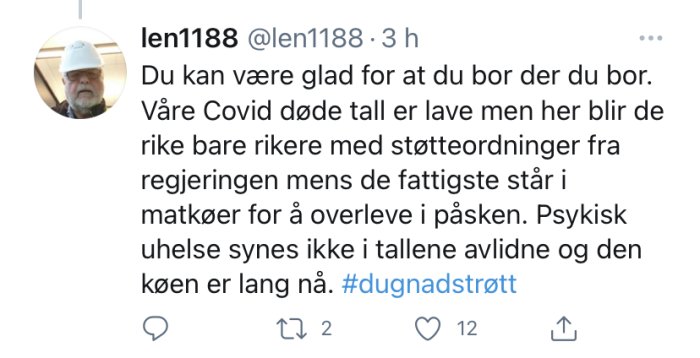Skärmdump av ett Twitter-inlägg med text om Covid och ekonomisk ojämlikhet, profilbild på äldre man.