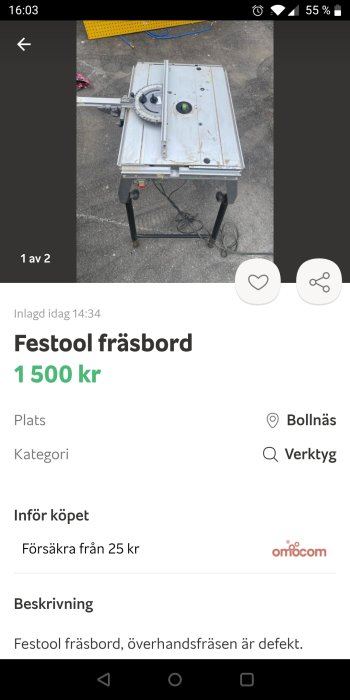 Festool fräsbord med tillbehör utställt på asfalterat underlag.