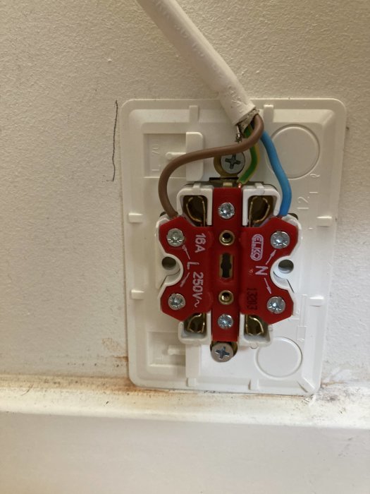 Öppet vägguttag med synliga anslutningar där en vit elektrisk kabel är kopplad till skruvklämmor märkta med L, N och jordningssymbol.