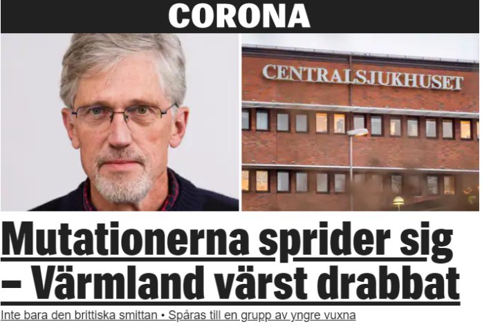 Artikel om COVID-19 med rubrik "Mutationerna sprider sig - Värmland värst drabbat", bild på man och sjukhus.