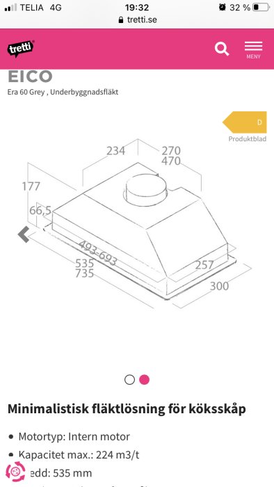 Teknisk ritning av en minimalistisk underbyggnadsfläkt för köksskåp, modell Era 60 Grey, med måttangivelser.