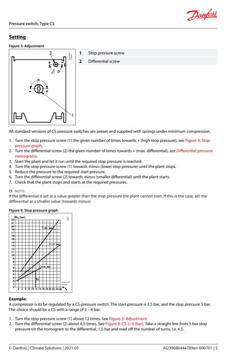 Instruktionsdiagram för justering av tryckbrytare med förklarande text och justeringsgrafer.