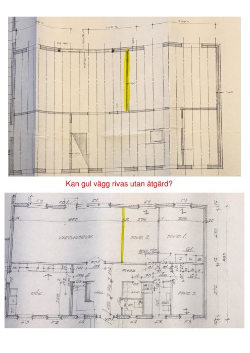 Byggnadsritningar av en villa markerade med en gul linje där en potentiellt icke-bärande innervägg ska utvärderas för rivning.