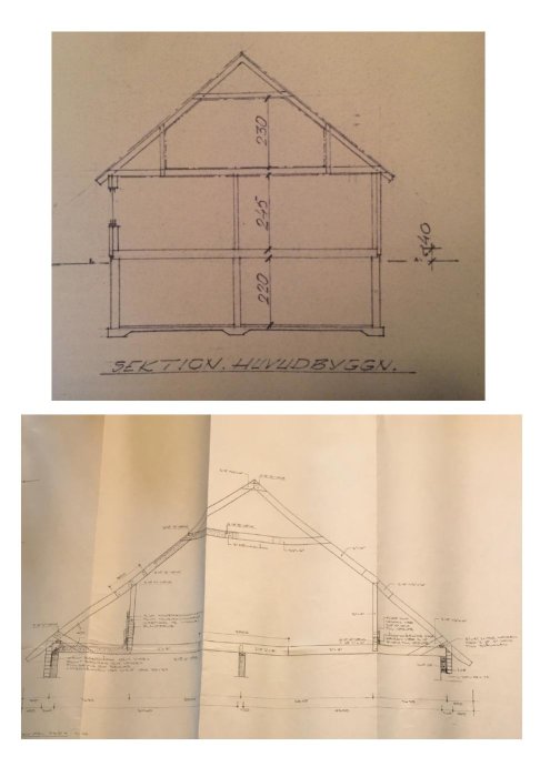 Två arkitektritningar av en villa, en sektionsskiss och en detaljskiss, med måttagningar och anteckningar.