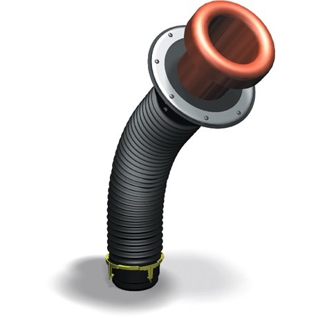 Flexibel takgenomföring i svart med röd ring och metallfläns, konstruerad för installation ovanför en takpanna.