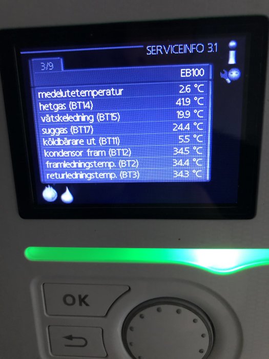 Displaypanel för värmepump med temperaturinställningar och serviceinformation, omgiven av kontrollknappar.