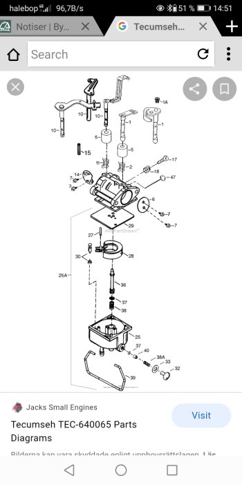 Exploded view diagram av Tecumseh TEC-640065 motor med detaljerade komponenter och märkningar.