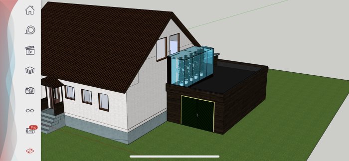 3D-modell av vit bostad med brunt tak och anslutet glashus/växthus samt brun svart skjul.