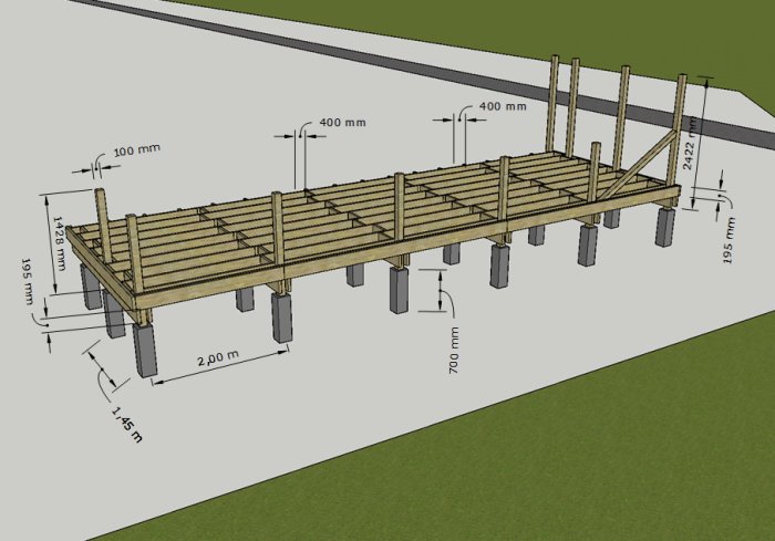 3D-modell av träkonstruktion med dimensioner, visar stolpar, plintar och övre reglar för byggprojekt nära en fasad.