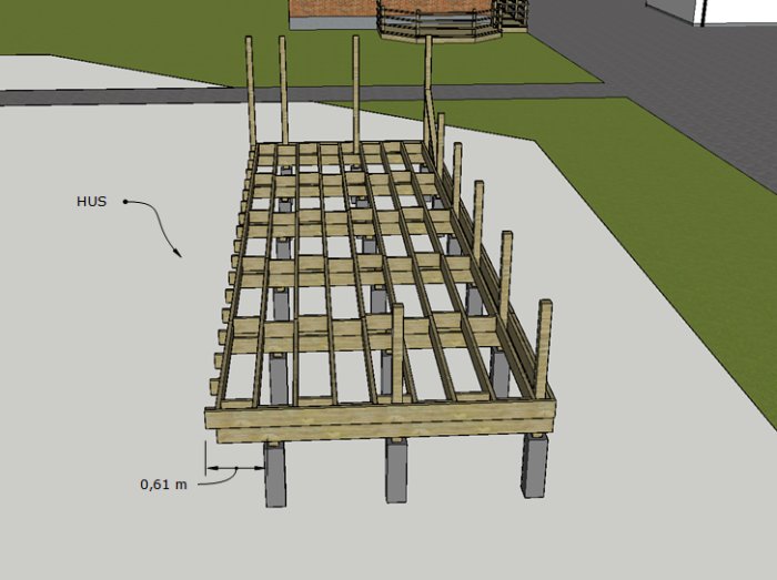 3D-modell av en fristående träkonstruktion nära husets fasad med plintar, bärlinor och övre reglar.