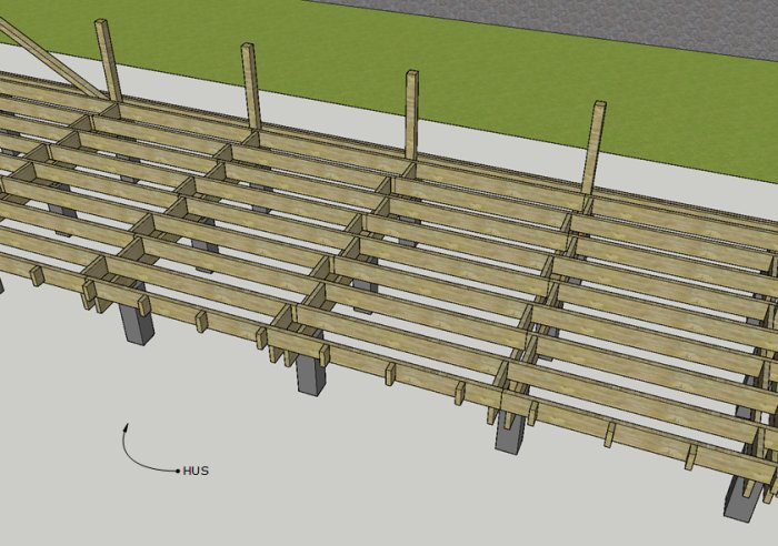 3D-modell av träkonstruktion för däck nära husfasaden, med synliga plintar och bärlinor.